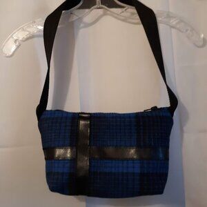 New Classic Plaid Wool Top handle Purse Shoulder bag Blue Black Faux leathertrim